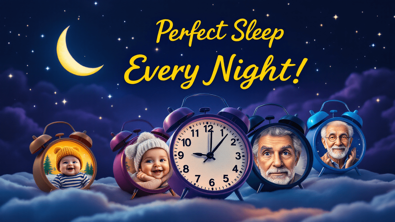 Illustration showing sleep hours by age group, from infants to seniors, with a graphical chart and clock