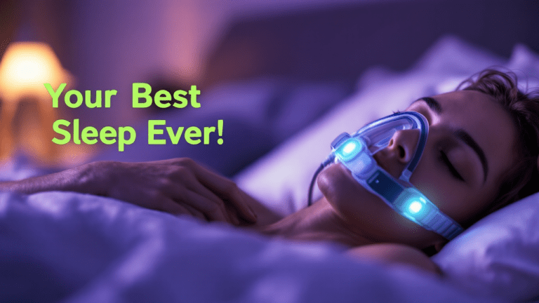 Modern sleep apnea machine beside bed with mask and tubing